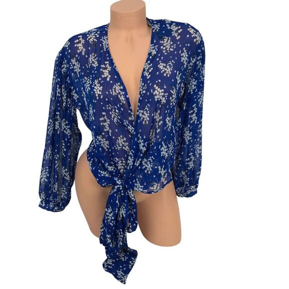 Sans Souci Tops - NWT Sans Souci Wrap Top Size S Sheer Floral Print Blouse V-Neck Boho Beachy Blue